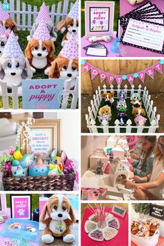 a collage of photos with dogs and birthday items on them, including cake, cupcakes