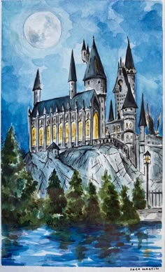 a painting of hogwarts castle at night