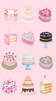 many different types of cakes on a pink background