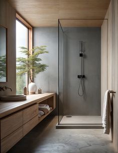 a bathroom with a walk in shower next to a sink