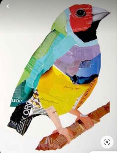 a colorful bird made out of different types of papers and newspaper strips on a white background