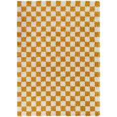 an orange and white checkered area rug on a white background with no one in it