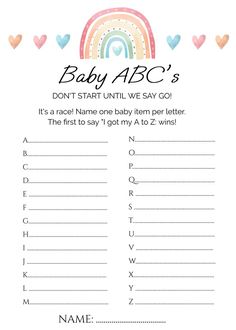 Baby Shower Baby ABCs Game Rainbow Baby Sprinkle, Rainbow Baby Shower Theme, Rainbow Theme Baby Shower, Baby Shower Finger Foods, Baby Abc Game, Work Baby Showers, Baby Shower Look, Rainbow Sprinkle