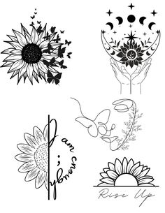 four sunflowers and two flowers are drawn in black ink