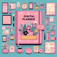 the digital planner is surrounded by pink items and flowers, such as laptops, books, pens, scissors, pencils