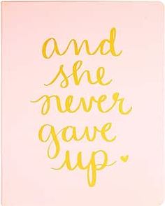 a pink notebook with gold lettering that says and she never gave up