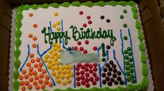 a birthday cake in a box with the words happy birthday written on it and colorful candies