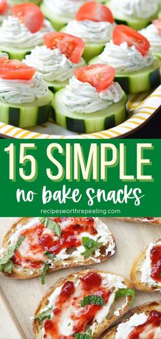 an image of some small sandwiches on a cutting board with the words 15 simple no bake snacks