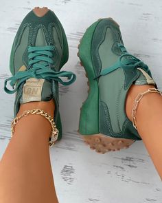 Lace up Suede Muffin Sneakers – verytown Basket Style, Green Sneakers, Cute Sneakers, Chic Type, Gym Shoes, Round Toe Heels, Suede Lace, Sneakers Outfit