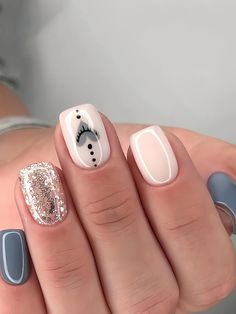 Multicolor  Collar    Color Nails Embellished   Nail,Hand & Foot Care Popular Short Nails, Little Nail Designs, Nail Art White And Silver, White Gel Manicure Short, April Square Nails, 10 Year Anniversary Nails, Nail Design With Glitter, Short Square Nail Inspo 2024, Semicolon Nails