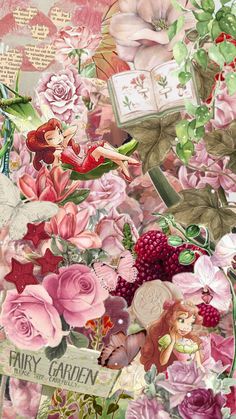 a collage of pink flowers and fairy tale images with the words fairy garden written on them