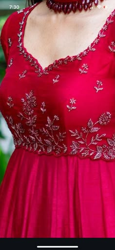 Pista Green Frock For Women, Anarkali Dress Work Designs, Gown Hand Work Design, Anarkali Dress Models For Stitching, Aari Work Anarkali Dress, Alia Cut Frock Design, Aari Work On Kurti, Red Chikankari Saree, Neck Designs For Anarkali Dresses