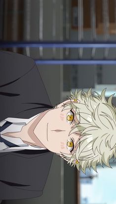 an anime character with white hair and yellow eyes looking at the camera while standing in front of a window