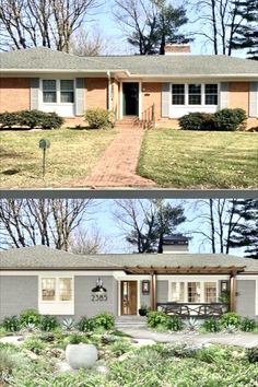 before and after photos of a house in the front yard, with landscaping around it