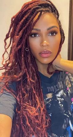 Faux Locs: Everything to Know About this Hairdo – Svelte Magazine Meagan Good Faux Locs Harlem, Silky Dreads Hairstyles Faux Locs, Red Ombre Faux Locs, Megan Goode Faux Locs, Wrapped Faux Locs, Megan Good Locs, Meagan Good Locs, Burgundy Boho Locs, Red Boho Locs