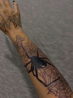 a hand with a spider web tattoo on it's left arm and the wrist