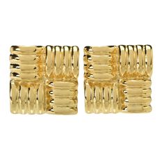 pair of gold tone cufflinks with square links on each side, set against a white background