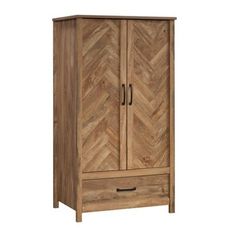 a wooden armoire with two doors and drawers