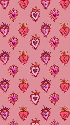 a pink background with many hearts and flowers on it's sides, all in different colors