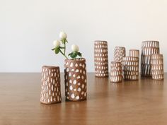 several vases with flowers in them sitting on a wooden table next to each other