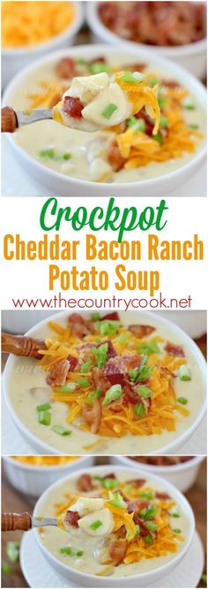 cheddar bacon ranch potato soup in white bowls