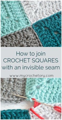 crochet squares with text overlay that reads how to join crochet squares with an invisible seam