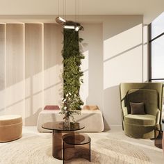 a living room filled with furniture and a tall plant on top of a table in front of a window