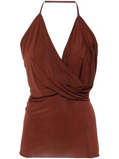 henna brown stretch-jersey draped design halterneck sleeveless V-neck with cowl effect open back unlined straight hem Brown Sleeveless Evening Tops, Fitted Multi-way Halter Neck Top, Draped Elastane Tops For Night Out, Ruched Backless Tops For Night Out, Backless Ruched Top For Night Out, Elegant Sleeveless Brown Tops, Chic Ruched Halter Neck Tops, Brown Halter Neck Top For Night Out, Chic Brown Halter Neck Tank Top