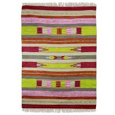 a multicolored rug with fringes and stripes on the bottom, in various colors