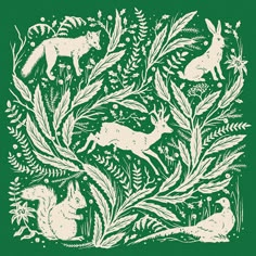 an image of some animals in the woods with plants and flowers around them on a green background