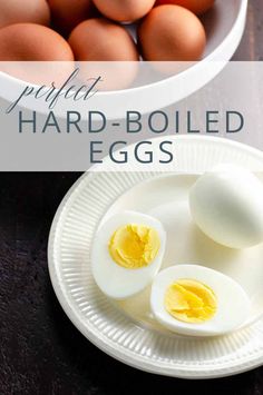 hard boiled eggs on a white plate with the words bright hard - boiled eggs above it