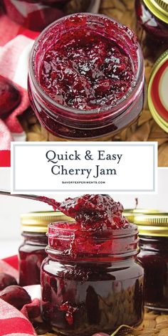 a jar filled with jam sitting on top of a table next to another jar full of jam