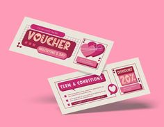 two vouchers are shown on a pink background, one is for valentine's day and the other is for coupons