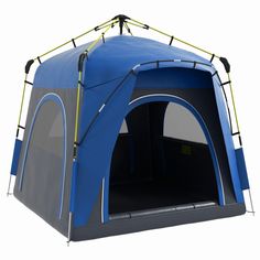 a blue and gray tent with the door open