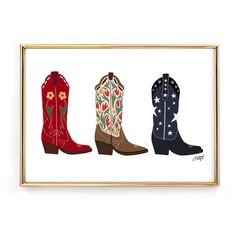 three pairs of cowboy boots with flowers and stars on them, framed in gold frame