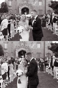 the bride and groom are walking down the aisle at their wedding ceremony in black and white