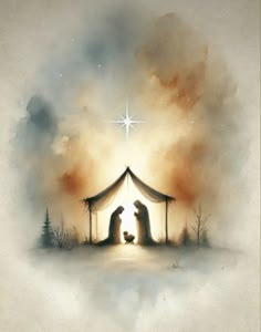 a nativity scene with the birth of jesus and baby jesus, in watercolor on paper