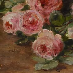 an oil painting of pink roses in a vase