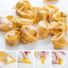 the process of making dumplings is shown in four different pictures, including one being rolled up