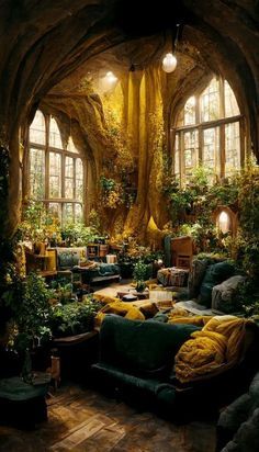 a living room filled with lots of furniture and plants on the walls next to large windows