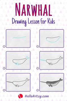 Step by step drawing lesson illustrating how to draw a narwhal drawing Narwhal Drawing, Drawn Fish, Draw Easy, Kids Fishing, Fish Drawings, Learn How To Draw, Narwhal