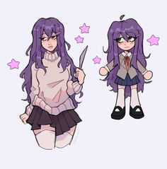 an anime character with purple hair holding a pair of scissors and wearing a school uniform