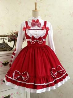 Red And White Lace Bowknot Sweet Lolita Dress Set Food Franchise, Red And White Dress, Lolita Outfits, Frilly Dresses, Kawaii Dress, Sweet Lolita, Red Outfit, Sweet Dress, Dress Set