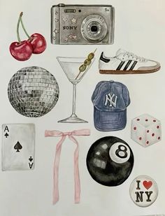 watercolor and ink drawings of various items used in the game of pool, including a hat, ball, sunglasses, cap, camera, tie, card