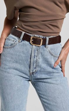 Mason Croc Square Buckle Belt in Chocolate | Showpo USA Curvy Wardrobe, Short Curvy, Basic Black Dress, Neon Outfits, Bachelorette Dress, Fashion Capsule Wardrobe, Spring Maxi Dress, Curvy Shorts, Spring Capsule Wardrobe