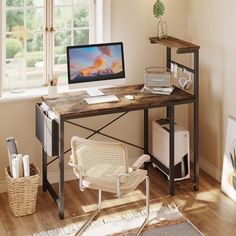 a desk with a computer on top of it in front of a window and rug