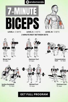 the 7 - minute biceps workout plan is shown in this graphic style, and includes