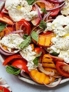 a salad with tomatoes, onions, cheese and herbs in it on a white plate