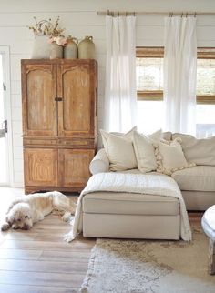 a dog laying on the floor next to a couch in a room with white walls