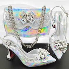 Fashionable Italian Shoes and Bag Set Nigerian wedding shoes and bag set Luxury Silver Evening Bag With Bling, Bag And Shoes Set, Luxury Silver Evening Bag For Wedding Guest, Luxury Bag And Shoes Set, Versace Purse And Shoe Set, African Wedding Jewelry, Italian Handbags, Water Soluble Fabric, Italian Leather Handbags